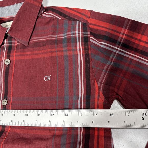 CALVIN KLEIN Jeans Boys Plaid Button up Shirt Long Sleeve Small 8 Red Gray - Picture 5 of 8